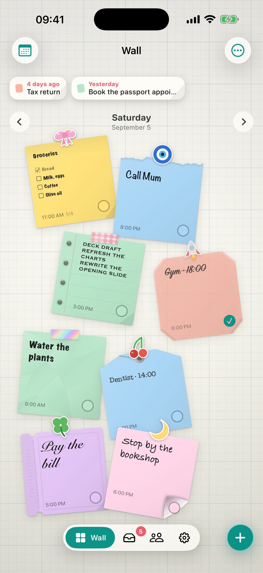 A wall in DailyWall: eight colourful notes with tapes and stickers, a small glass dock at the bottom