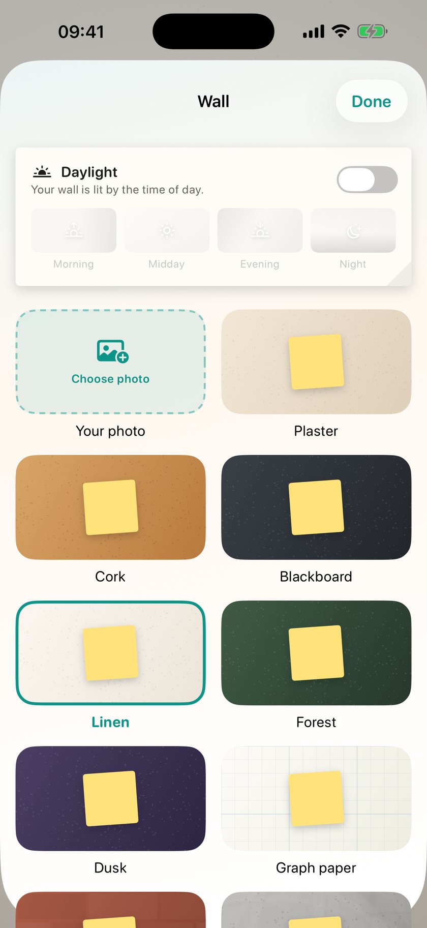 The wall picker: plaster, cork, blackboard, linen, forest, dusk and more
