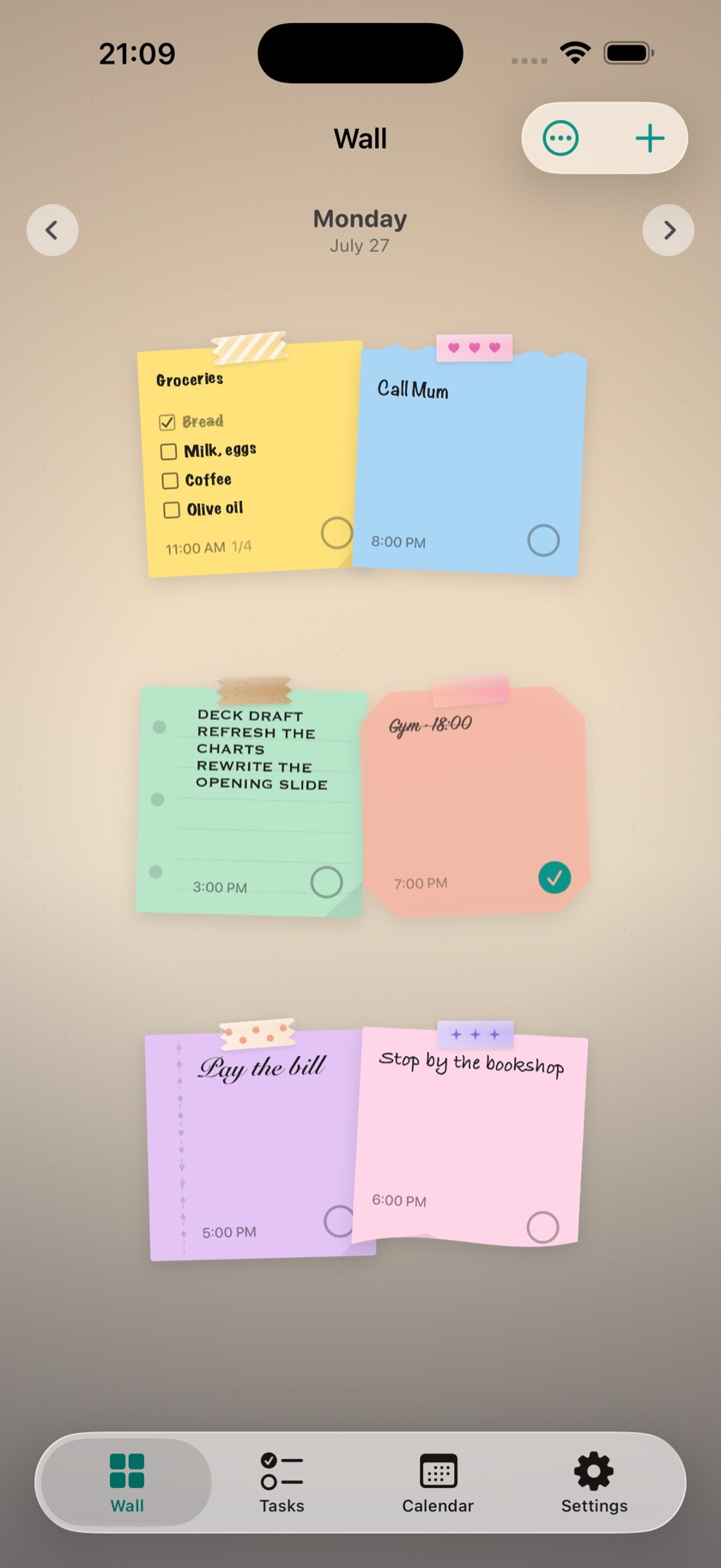 A wall in DailyWall: six colourful notes taped up, one of them a shopping list
